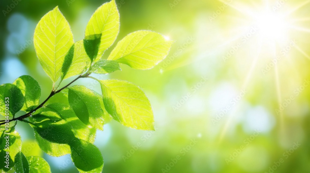 Aufkleber close-up view of fresh green leaves illuminated by soft natural light with a bright sun star in the 