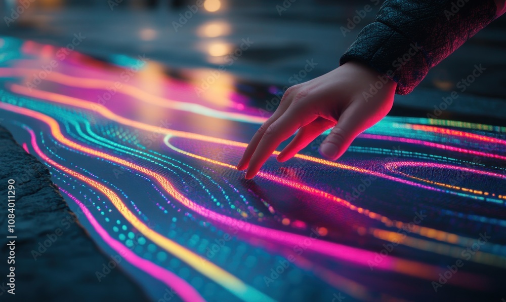Aufkleber A hand interacts with a vibrant, illuminated surface displaying colorful wave patterns.