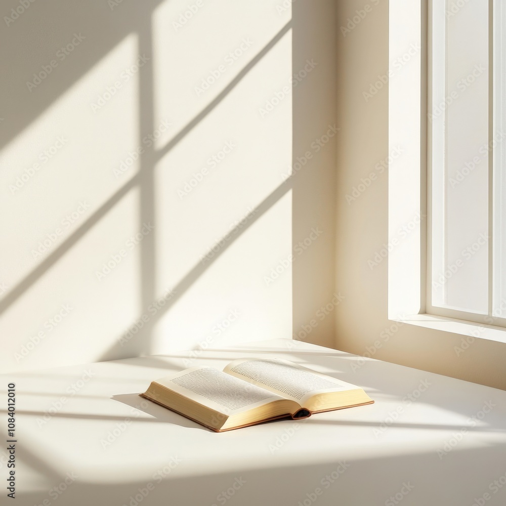 Poster an open book on a table with soft sunlight and shadows