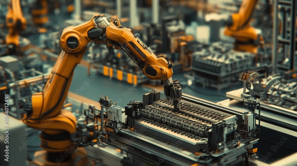 Poster robotic arm assembling components industrial factory technology image modern environment close-up vi