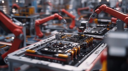 Robotic assembly line manufacturing plant industrial automation high-tech environment close-up view innovation