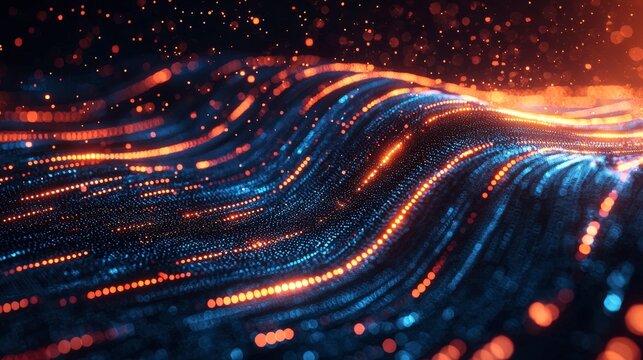 Vivid waves of orange and blue light ripple across a digital plane, capturing the essence of motion and dynamic energy with an abstract artistic flair.