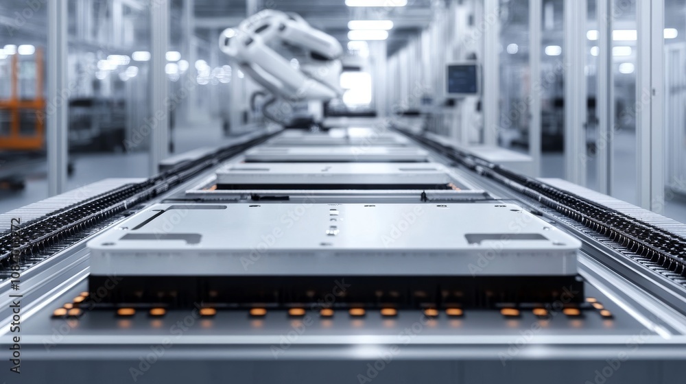 Poster automated production process factory floor industrial machinery high-tech environment close-up view 