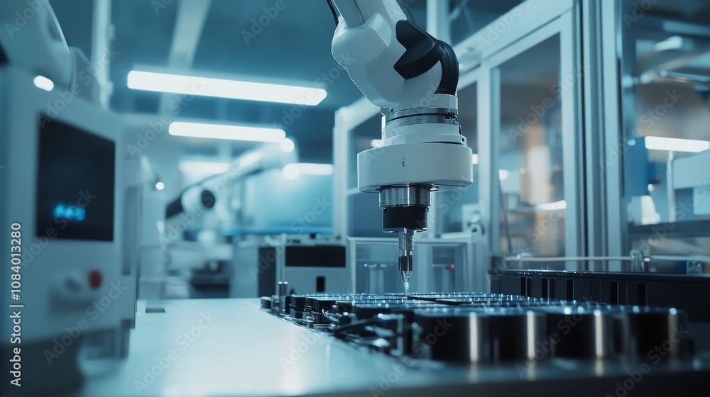 Poster automated manufacturing process high-tech lab photography industrial environment close-up view robot
