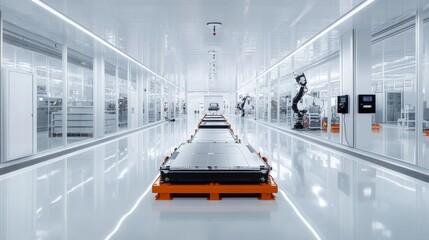 Obraz premium Robotic automation in battery manufacturing industrial facility technology cleanroom wide angle innovation