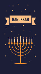 Happy Hanukkah Jewish Holiday Social Media Post Template.Hanukkah on burgundy vertical background with holiday candles and David stars.Design for Jewish Festival of light. Place for your text.