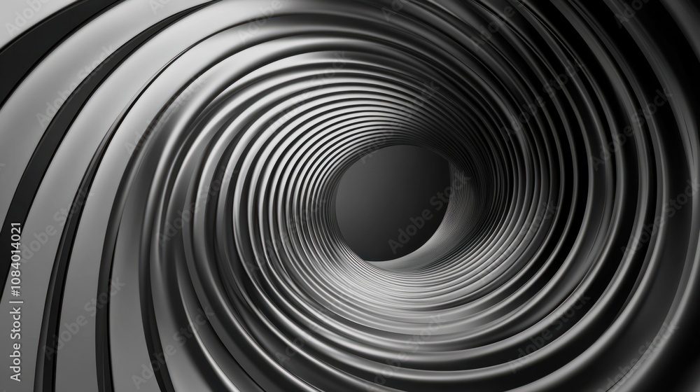 Poster abstract metallic vortex in 3d, with shiny surfaces and gradients, creating a futuristic design