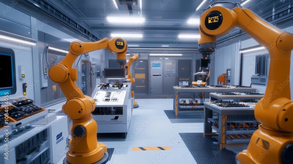 Poster industrial automation robotic arms in a high-tech factory inside workshop digital environment futuri