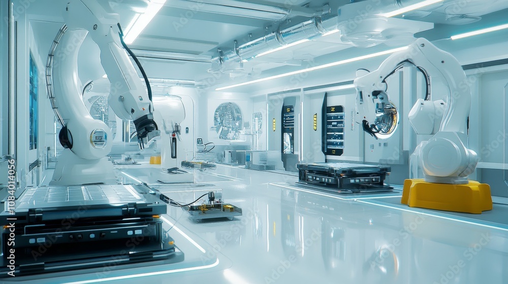 Aufkleber industrial robotics in modern factory high-tech environment digital viewpoint automation concept