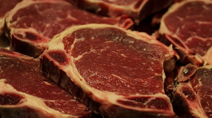 Fototapeta premium Freshly Cut Ribeye Steaks Displayed in a Neat Arrangement Ready for Grilling, Barbecuing, or Cooking in a Gourmet Kitchen Setting for Culinary Lovers