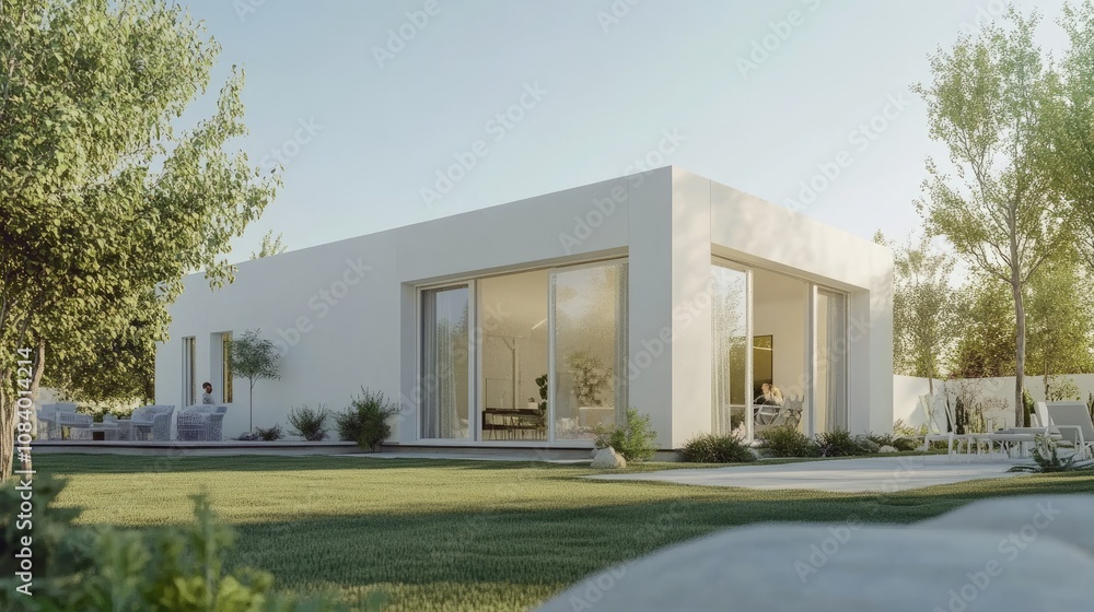 Poster here's a possible and keyword list for your stock photo.. modern minimalist white house with garden 