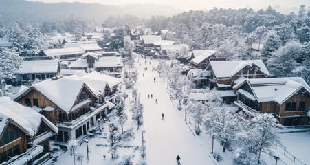 The snow-covered streets of the ski resort, surrounded by wooden buildings and pine trees, showcase an aerial view with a wide perspective