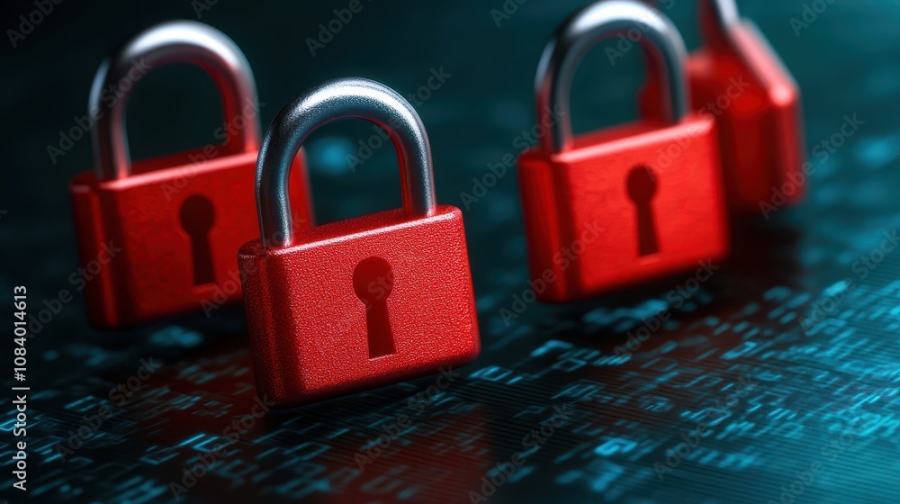 Poster enhanced cybersecurity, three red padlocks guarding digital circuit, ensuring data protection and ne