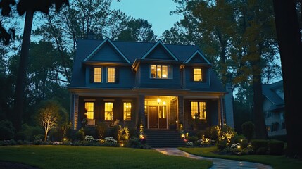 Installing exterior light fixtures, electrician at work, evening view with house lights on,