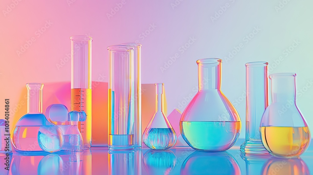 Poster here's a and keyword list for your image... colorful laboratory glassware with liquids reflecting on