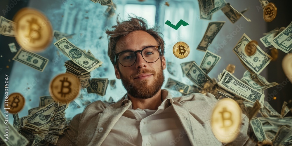 Poster a man with glasses relaxes while surrounded by floating dollar bills and bitcoin symbols. this image