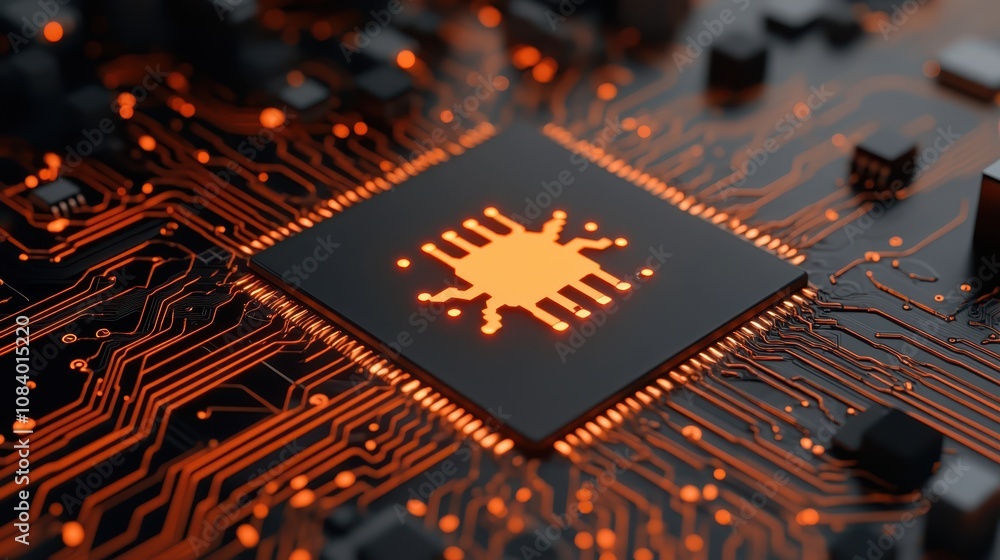 Poster illuminated orange button on circuit board, power control and technology in electronics