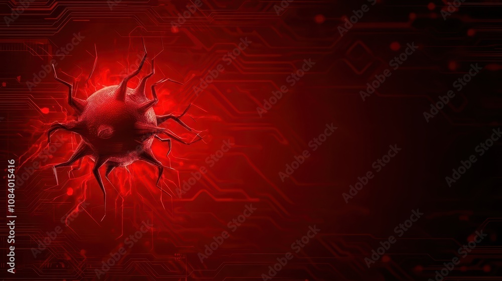 Poster red virus on circuit board, visual representation of cyber threat and digital security