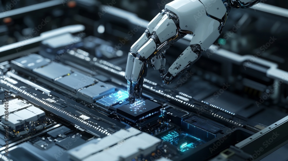 Poster robotic arm assembling circuit board high-tech laboratory digital art futuristic setting close-up in