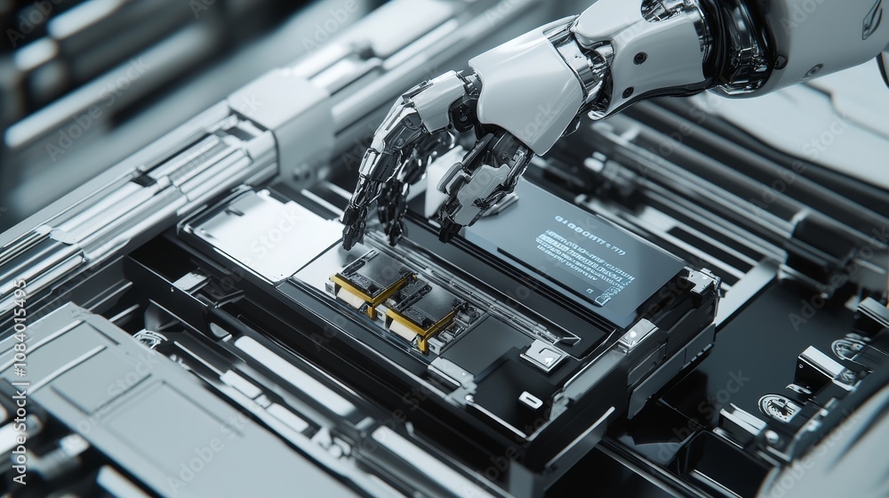Poster robotic arm assembling components high-tech lab digital art industrial setting close-up automation i