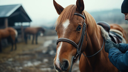 Close-up of a chestnut horse with bridle and saddle in a stable setting on a misty day