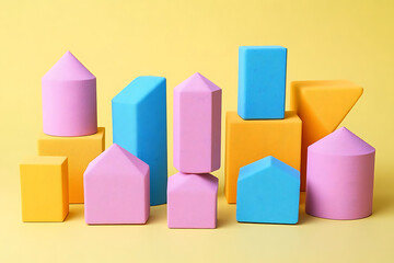 Obraz premium Colorful geometric shapes in various sizes and forms, including cones, cubes, and pyramids, arranged against bright yellow background, creating playful and vibrant atmosphere