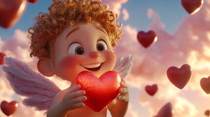 Fototapeta premium Adorable 3D Cartoon Cupid Holding a Glowing Heart in a Romantic Setting. Valentine's day.