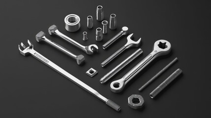 A Comprehensive Collection of Various Hand Tools Including Wrenches, Nuts, Bolts, and Screws Arranged Neatly on a Dark Background for Industrial and DIY Themes