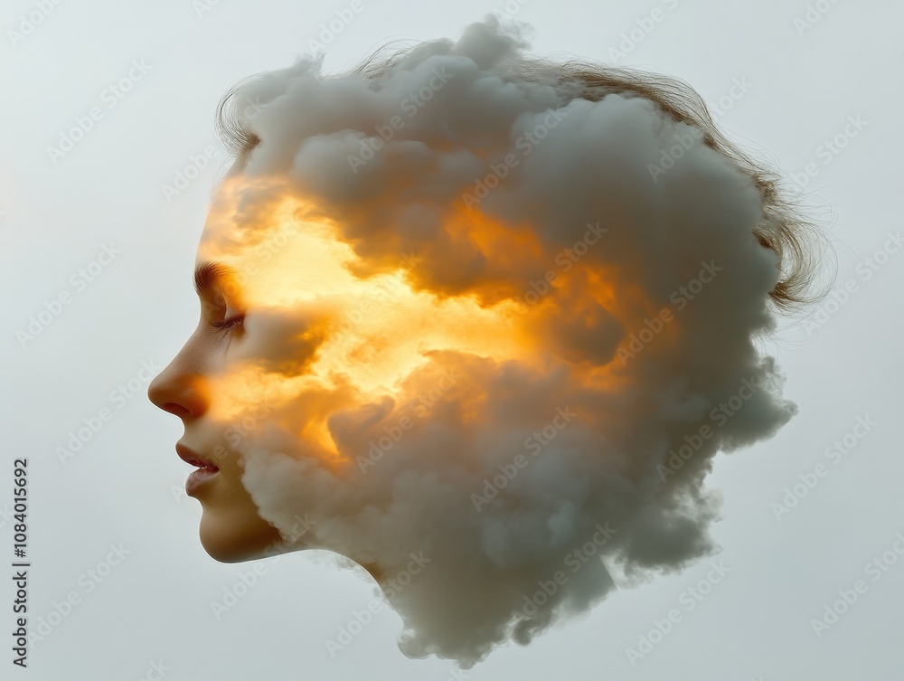 Poster surreal portrait with clouds and light effects representing creativity and imagination