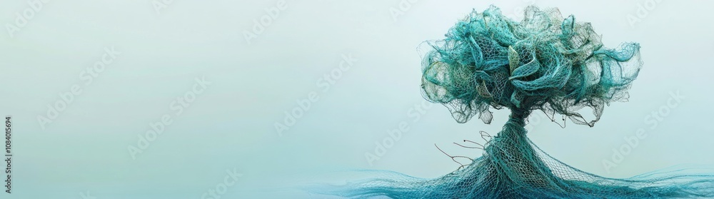 Poster abstract representation of a tree made from flowing blue strands, symbolizing nature and creativity.