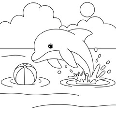 Obraz premium Cute Dolphin Playing with a Ball Coloring Page for Kids. Funny animal outline illustration