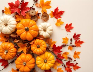 Fototapeta premium Harvest Beauty Overhead Fall Tablescape with Pumpkins and Berries