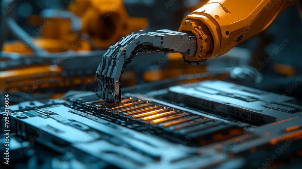 Poster automated robotic arm assembling components high-tech laboratory digital art industrial setting clos