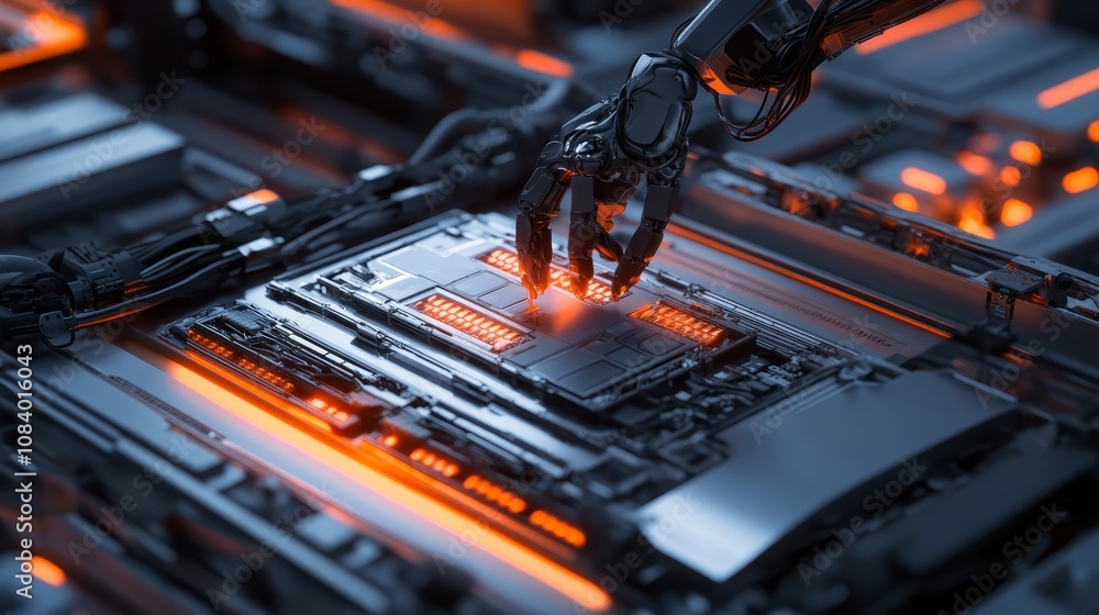 Poster robot interaction with circuit board futuristic tech lab digital art high-tech environment close-up 