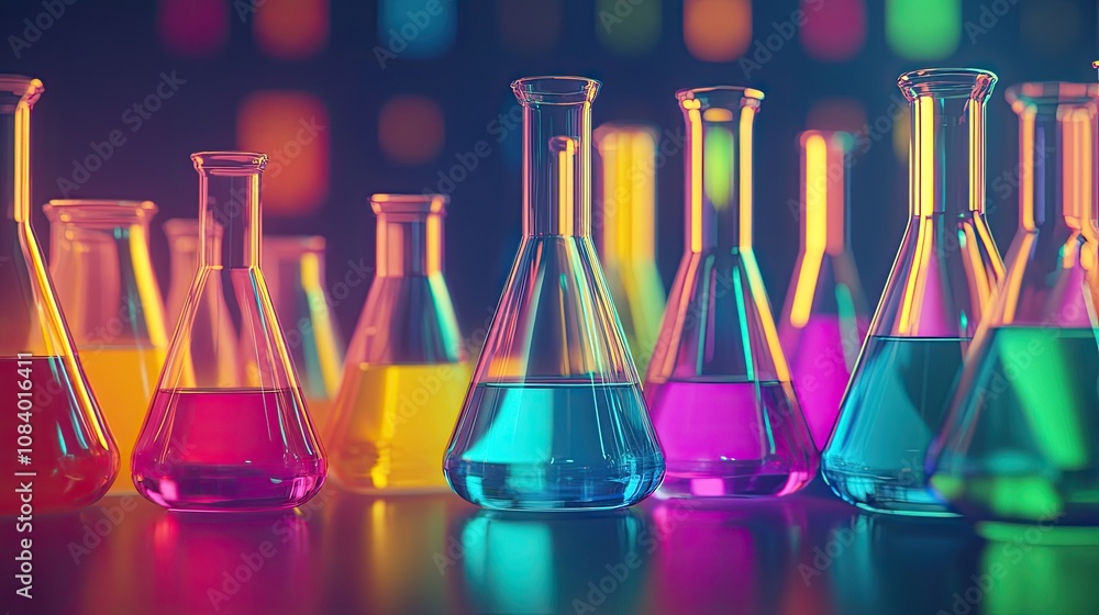 Poster colorful liquids in erlenmeyer flasks on a reflective surface, illuminated by vibrant bokeh lights.