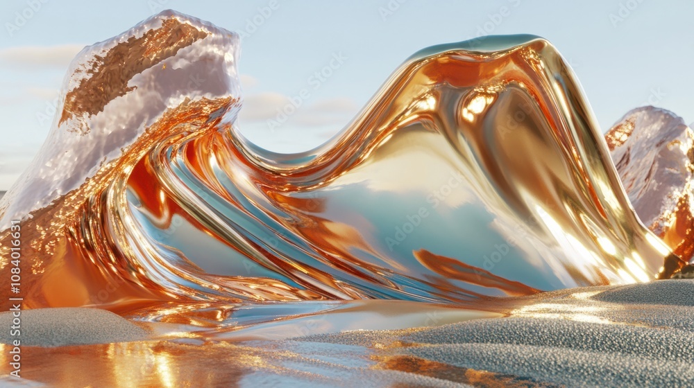 Poster fluid metallic waves in 3d, with chrome reflections, creating a futuristic and elegant look