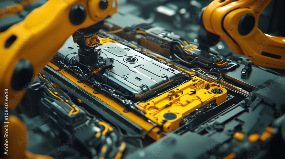 Poster robotic assembly action high-tech factory industrial process mechanical environment close-up view au