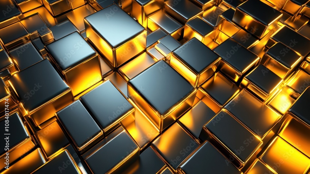 Poster geometric metallic grid in 3d, with shiny surfaces and depth, creating a tech-inspired background