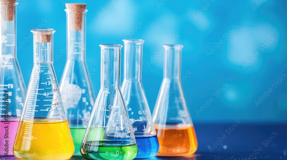 Poster laboratory experiment science lab glassware display colorful solutions close-up view chemical reacti