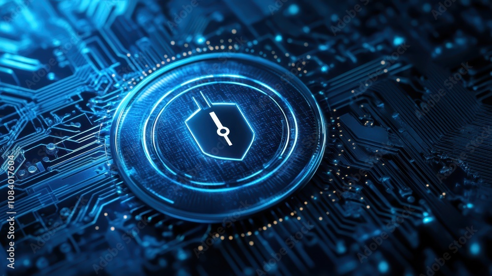 Poster cyber security lock on blue circuit board, protecting digital data and network systems