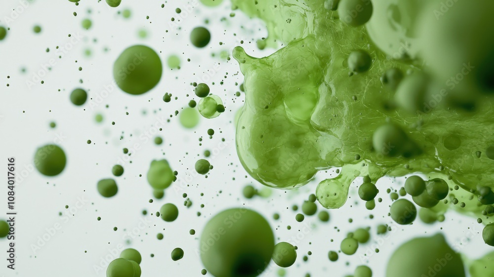 Poster an abstract image showcasing green paint splashes and bubbles against a light background, creating a