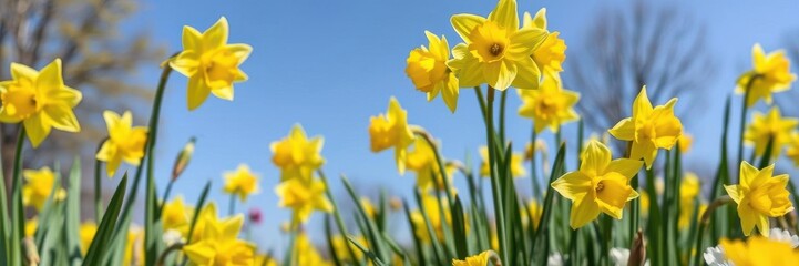 Obraz premium Vibrant yellow daffodil flowers blooming in a vast field under clear blue sky, field, outdoors