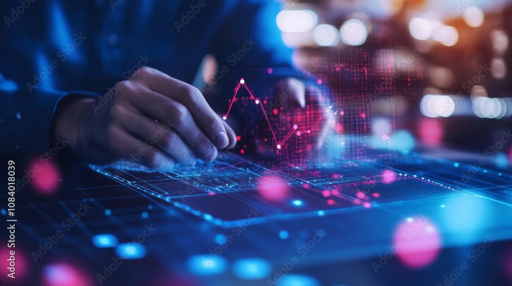 Poster digital interaction with data visualization modern office conceptual art high-tech environment close
