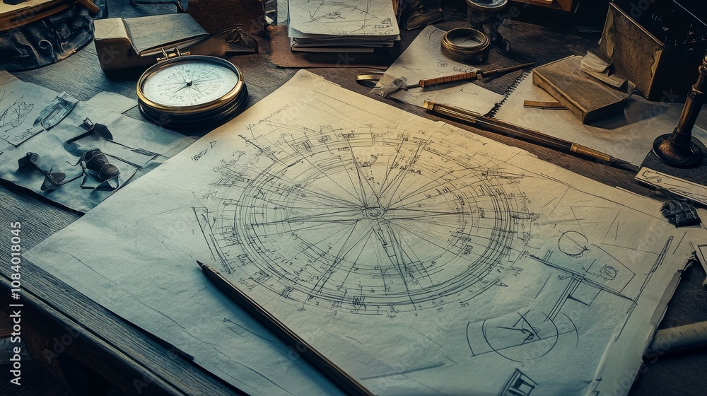 Poster crafting innovation architectural blueprints design studio technical drawings creative workspace ove