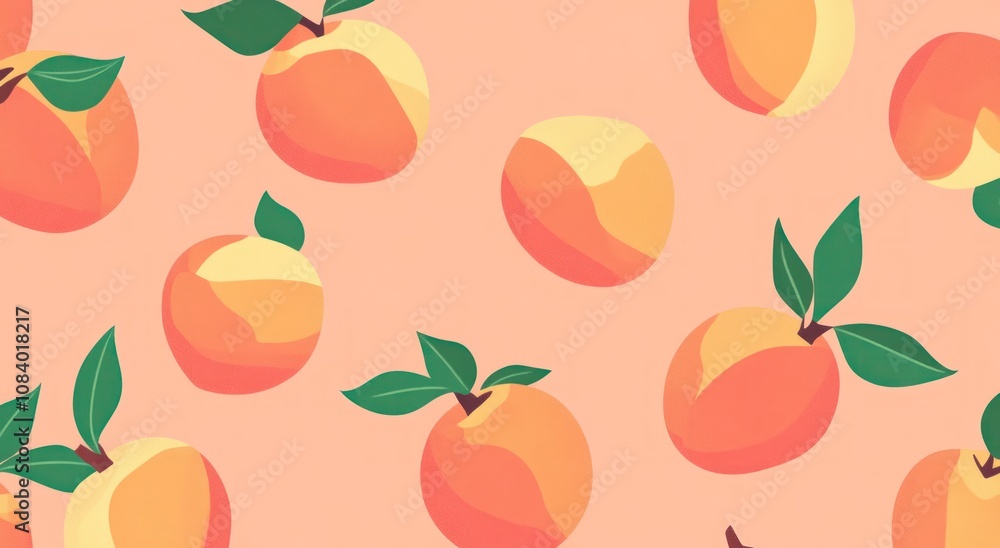 Poster A vibrant pattern of stylized peaches on a soft pink background.