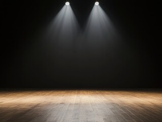 A dimly lit stage with two spotlights shining down on a wooden floor, creating a dramatic and intriguing atmosphere.