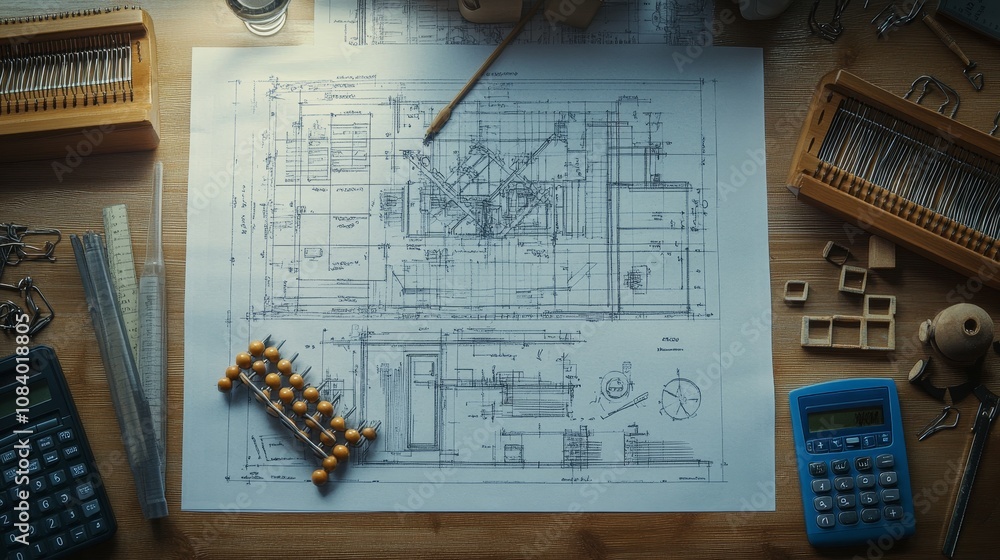 Poster designing a blueprint workshop technical drawing indoor top-down view engineering concepts