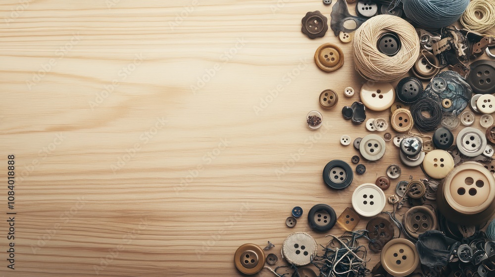 Aufkleber a collection of various buttons and threads arranged on a wooden surface.