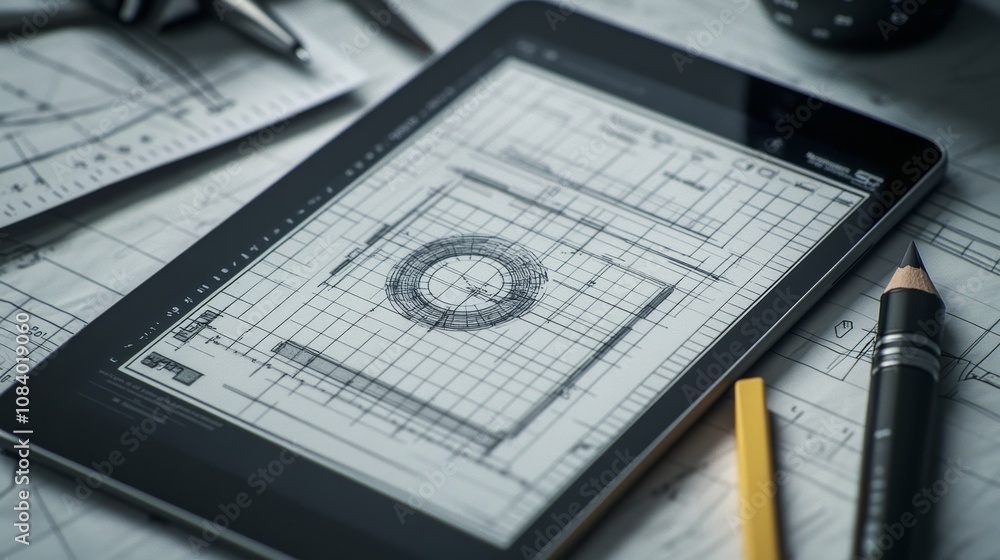 Poster creating architectural plans digital workspace blueprint design modern office top-down view innovati