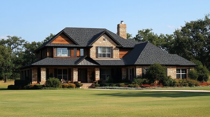 Luxurious stone and wood house on a spacious lawn.